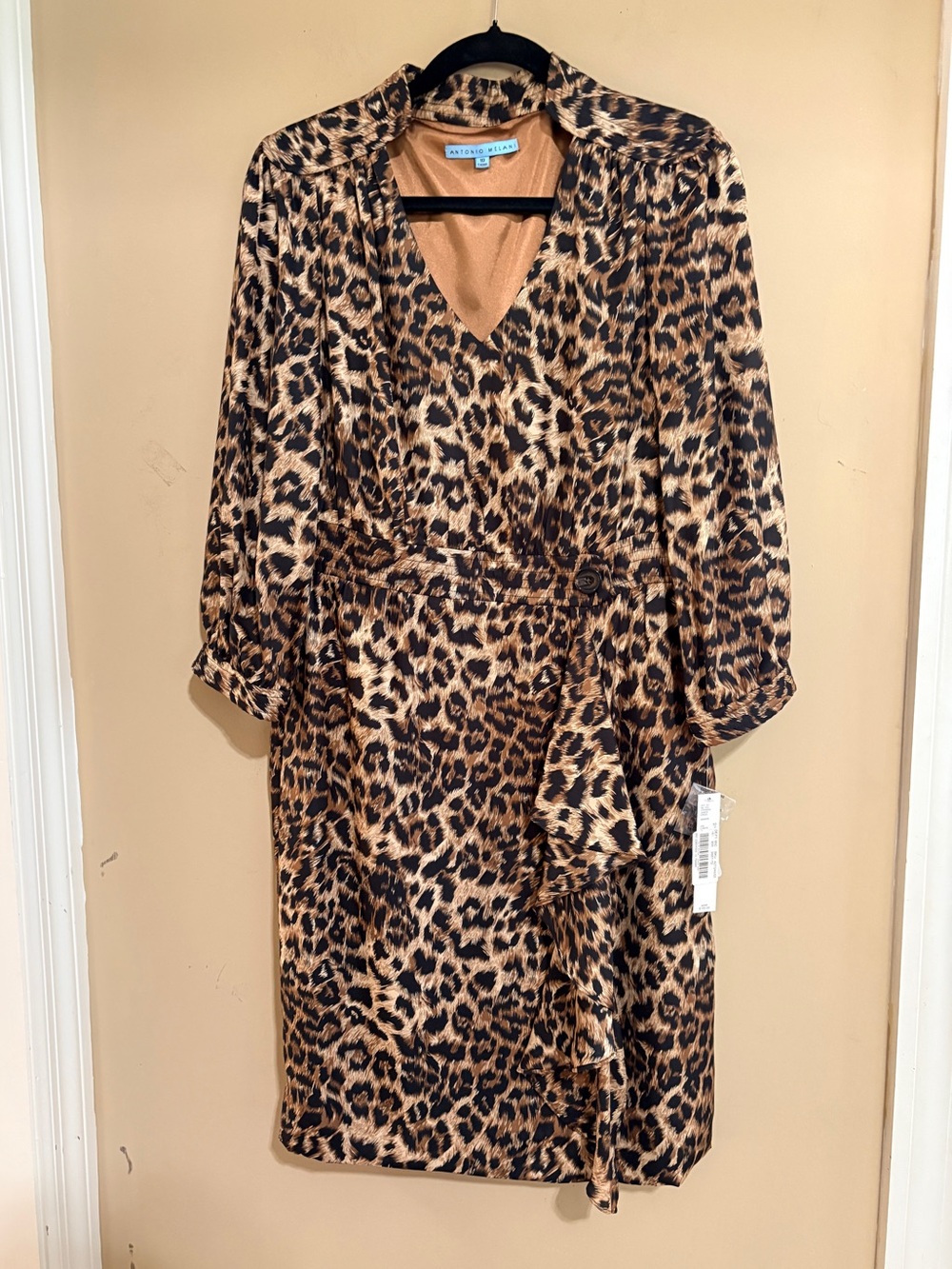 ANTONIO MELANI Leopard Print Midi Faux Wrap Dress in Brown and Black size 10